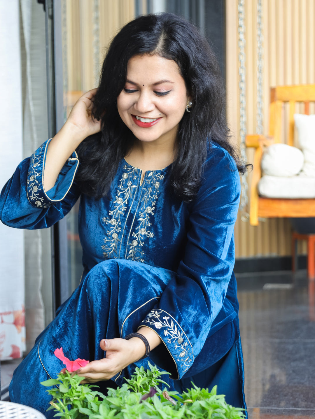 Yakshani Royal Blue Round Neck Embroidered Neck and Sleeve Velvet Winter Kurti