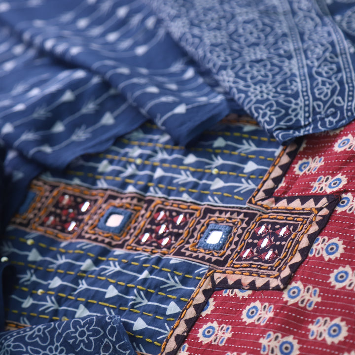 Falak Apple Red Kantha Work Ajrak Printed Cotton Suit Set