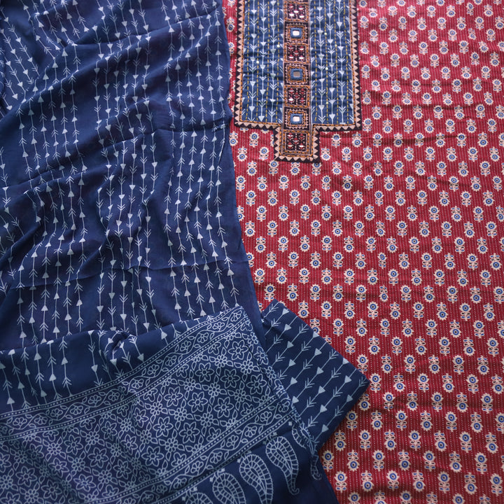 Falak Apple Red Kantha Work Ajrak Printed Cotton Suit Set