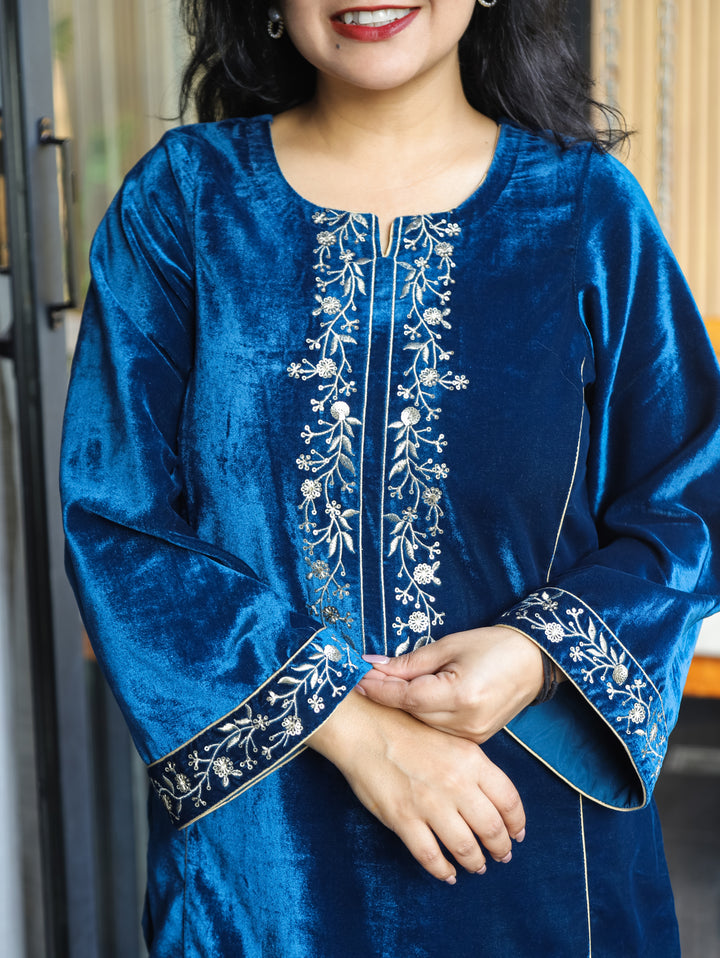 Yakshani Royal Blue Round Neck Embroidered Neck and Sleeve Velvet Winter Kurti