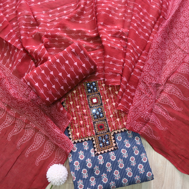 Falak Denim Blue Kantha Work Ajrak Printed Cotton Suit Set