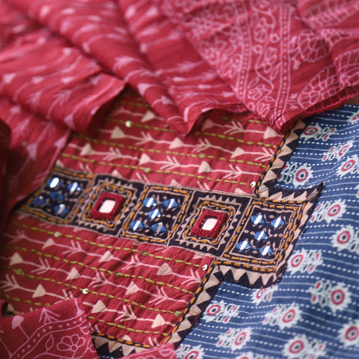 Falak Denim Blue Kantha Work Ajrak Printed Cotton Suit Set