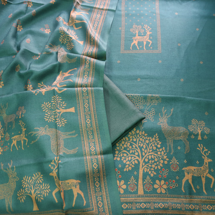 Sarina Lagoon Aqua Deer Printed Semi Pashmina Winter Set