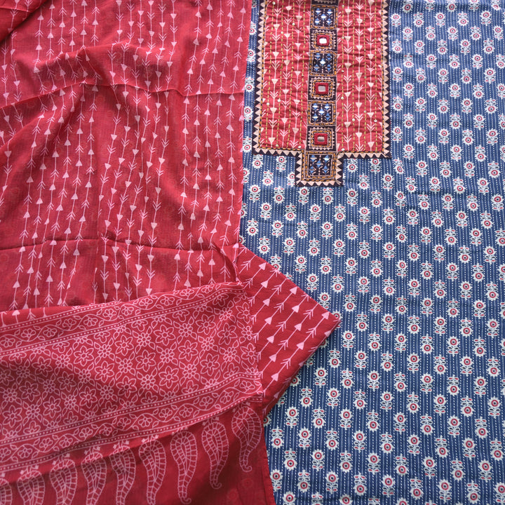Falak Denim Blue Kantha Work Ajrak Printed Cotton Suit Set