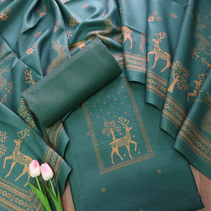 Sarina Lagoon Aqua Deer Printed Semi Pashmina Winter Set