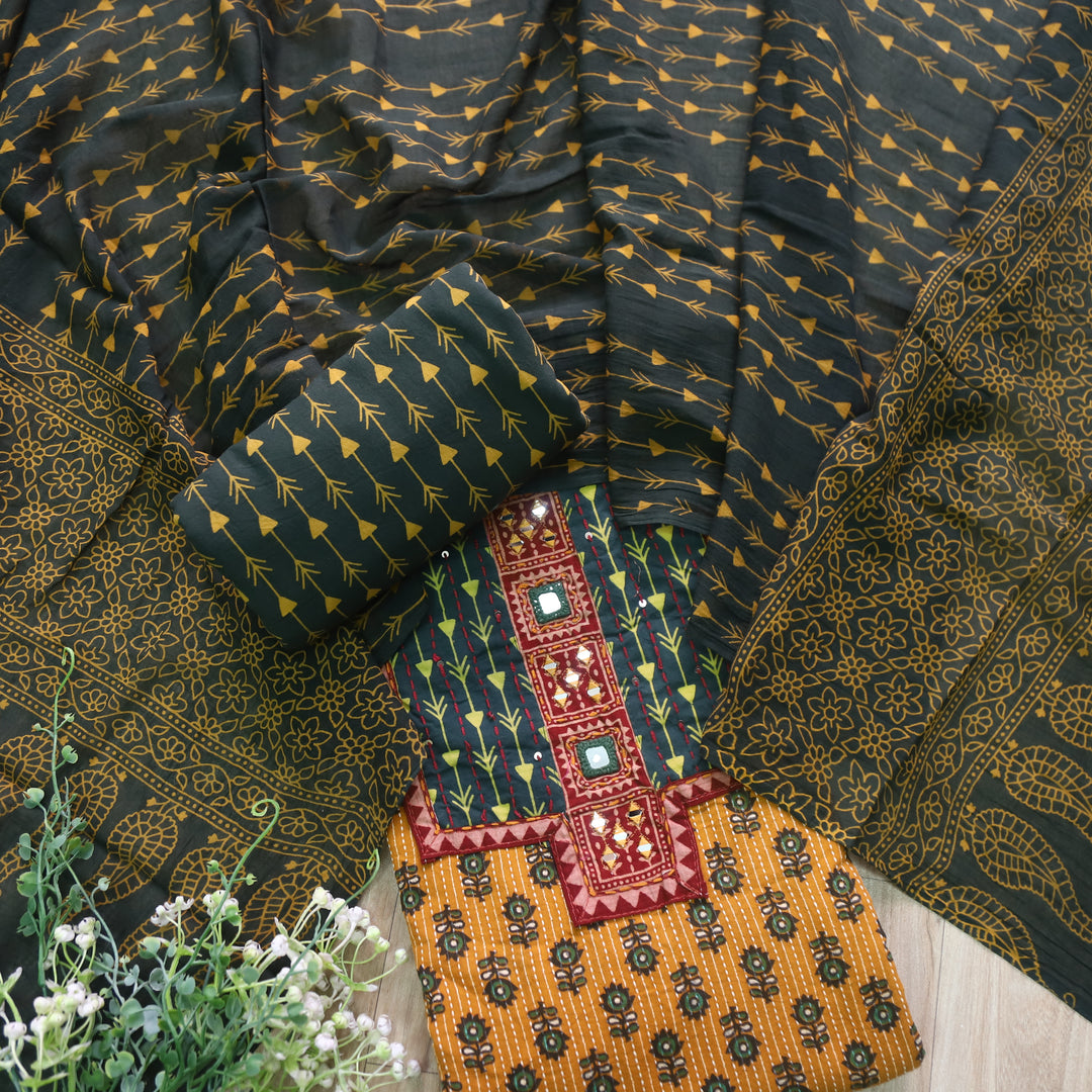 Falak Amber Yellow Kantha Work Ajrak Printed Cotton Suit Set