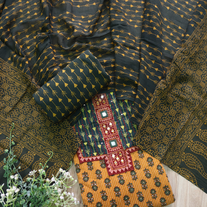 Falak Amber Yellow Kantha Work Ajrak Printed Cotton Suit Set