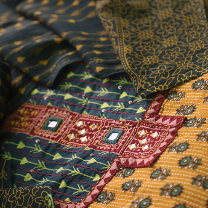 Falak Amber Yellow Kantha Work Ajrak Printed Cotton Suit Set