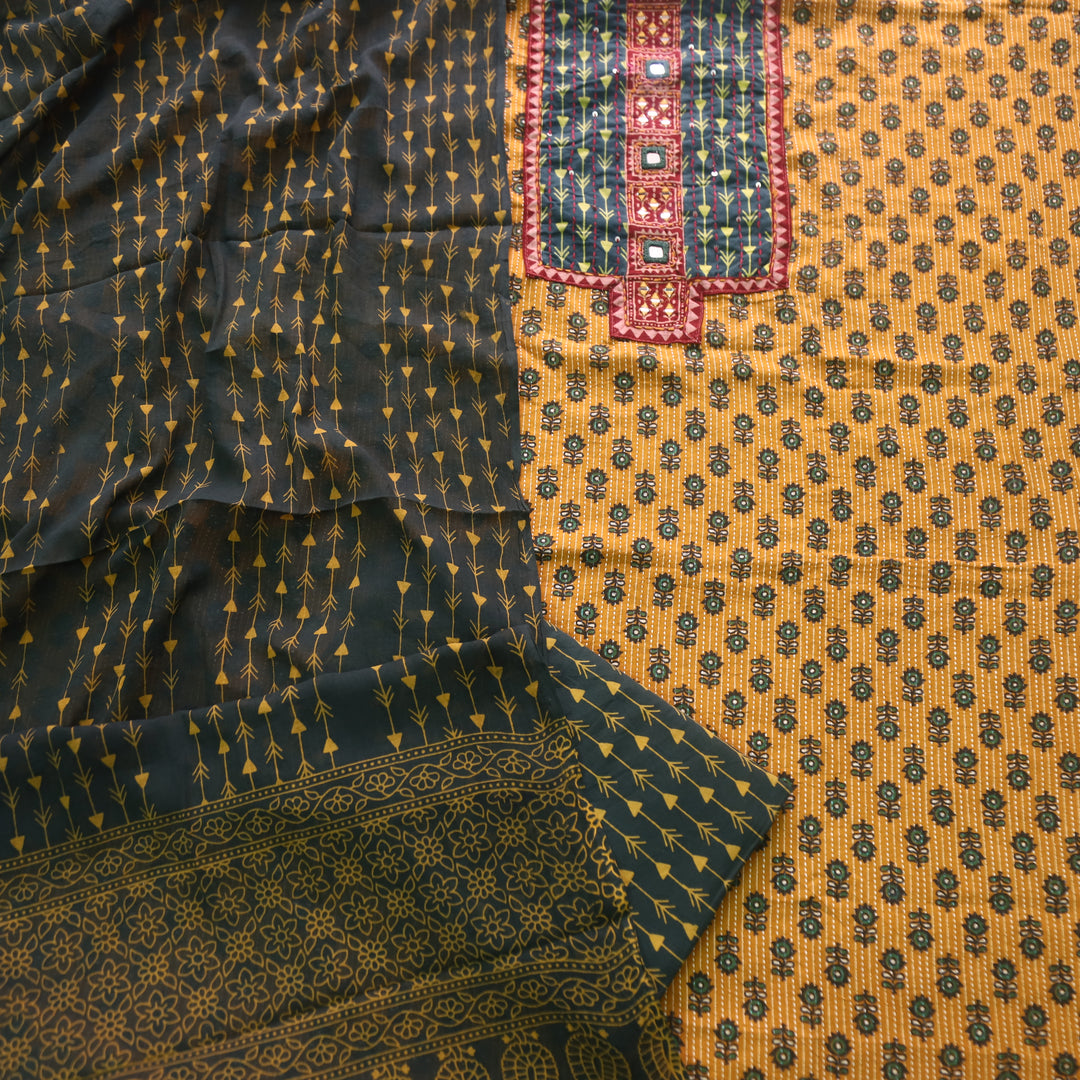 Falak Amber Yellow Kantha Work Ajrak Printed Cotton Suit Set