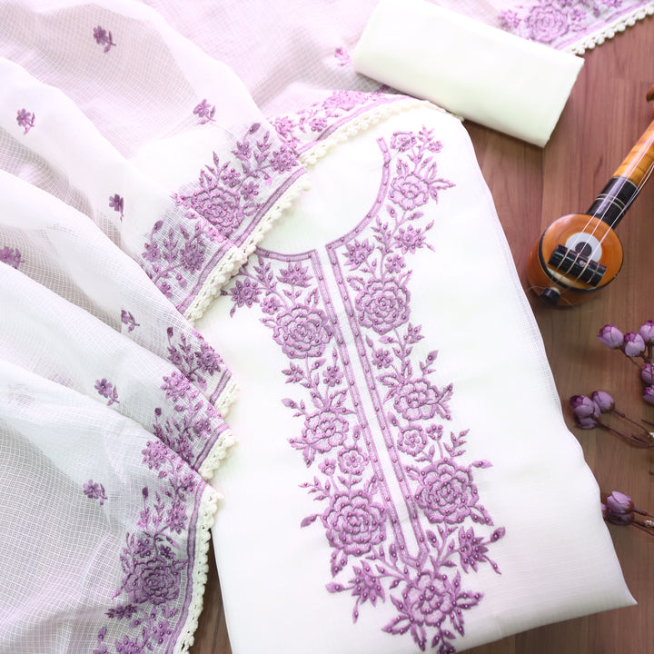 Hans Safed with Purple Thread Embriodered Kota Doriya Set