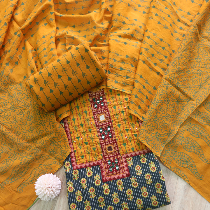 Falak Forest Green Kantha Work Ajrak Printed Cotton Suit Set