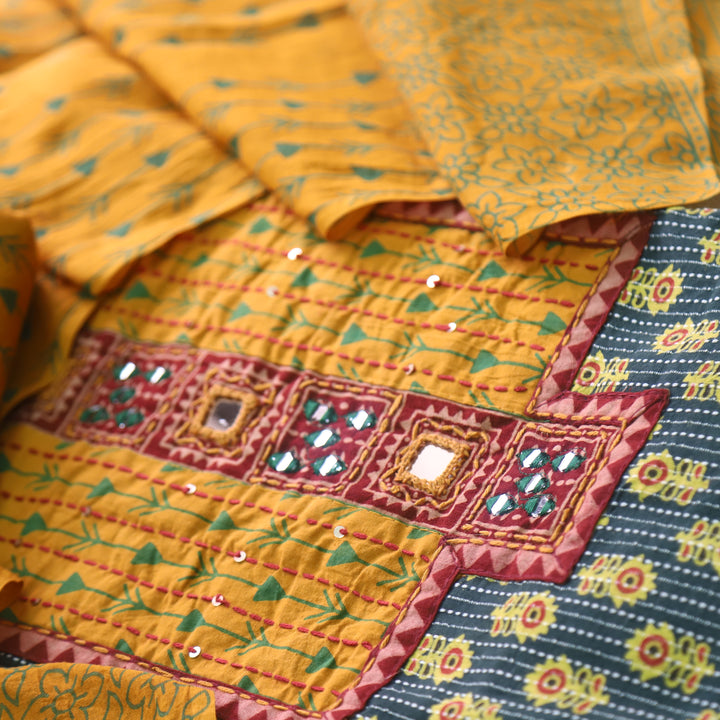 Falak Forest Green Kantha Work Ajrak Printed Cotton Suit Set