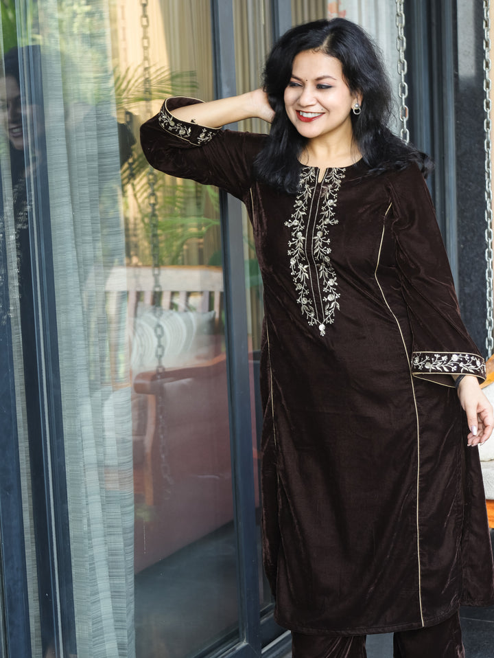 Yakshani Choco Brown Round Neck Embroidered Neck and Sleeve Velvet Winter Kurti