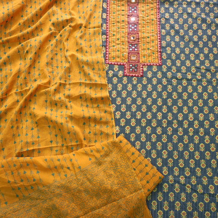 Falak Forest Green Kantha Work Ajrak Printed Cotton Suit Set