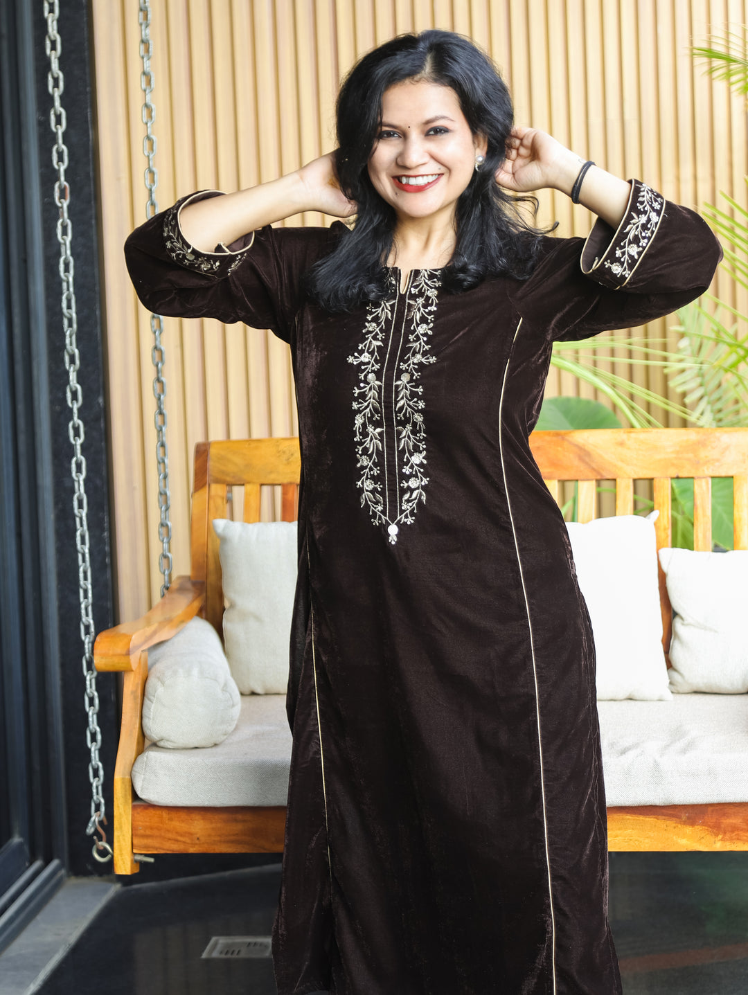 Yakshani Choco Brown Round Neck Embroidered Neck and Sleeve Velvet Winter Kurti