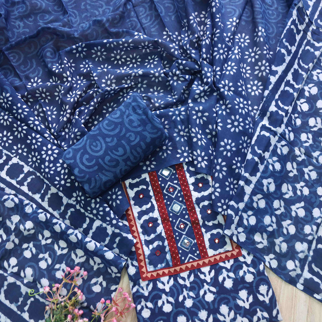 Nazara Indigo Blue Kutch Mirror Work Dabu Printed Cotton Suit Set