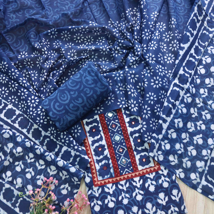 Nazara Indigo Blue Kutch Mirror Work Dabu Printed Cotton Suit Set