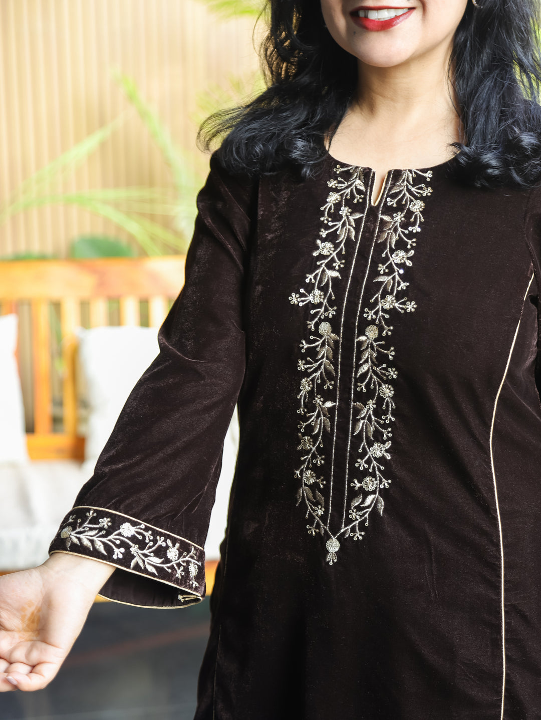 Yakshani Choco Brown Round Neck Embroidered Neck and Sleeve Velvet Winter Kurti