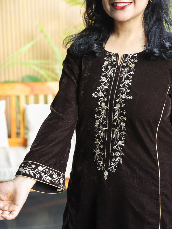 Yakshani Choco Brown Round Neck Embroidered Neck and Sleeve Velvet Winter Kurti