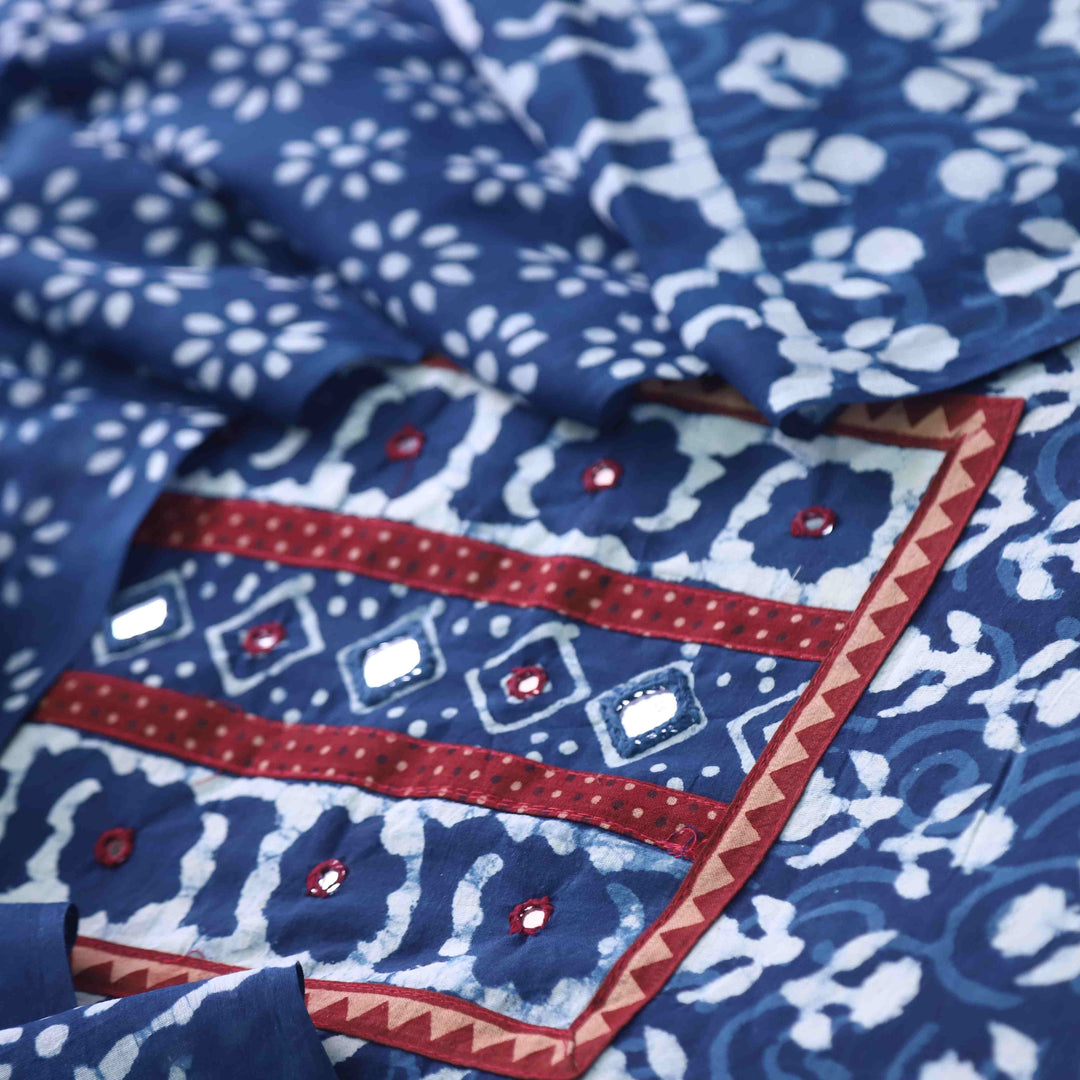 Nazara Indigo Blue Kutch Mirror Work Dabu Printed Cotton Suit Set