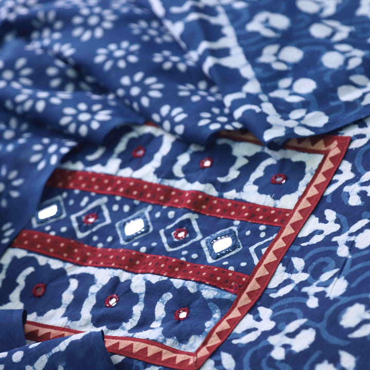 Nazara Indigo Blue Kutch Mirror Work Dabu Printed Cotton Suit Set