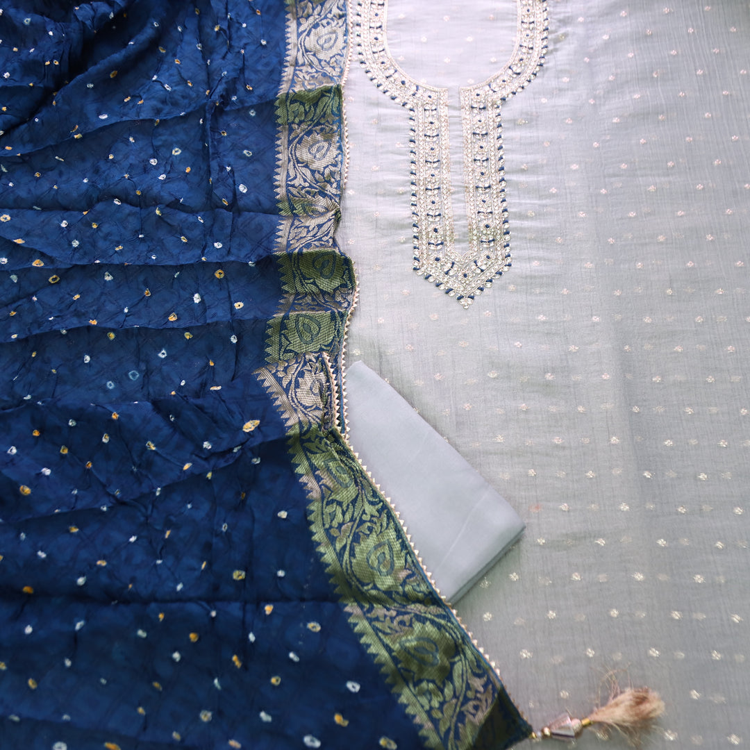 Avinya Chrome Grey Embellished Shimmer Tissue Chanderi Set