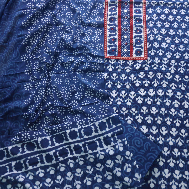Nazara Indigo Blue Kutch Mirror Work Dabu Printed Cotton Suit Set