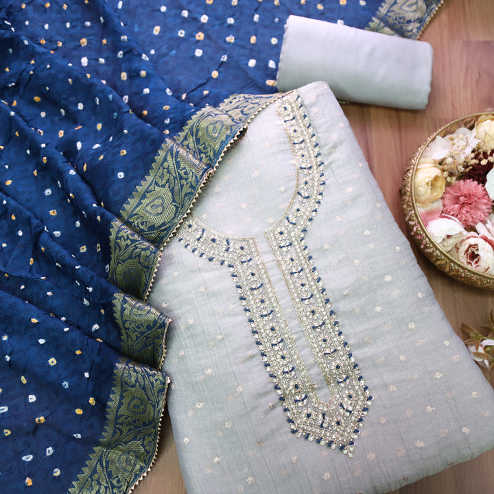 Avinya Chrome Grey Embellished Shimmer Tissue Chanderi Set