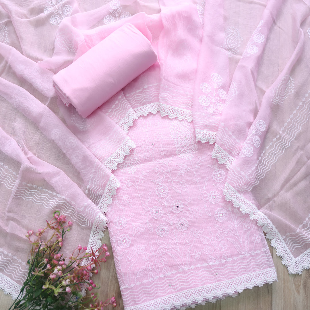 Roobi Flamingo Pink All Over Thread Work Kota Doriya Suit Set