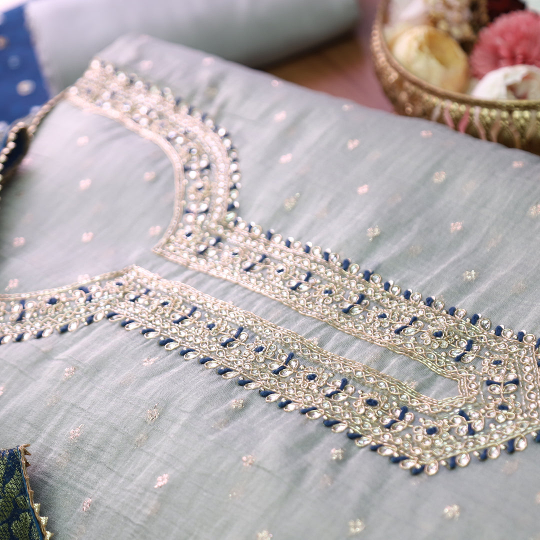 Avinya Chrome Grey Embellished Shimmer Tissue Chanderi Set