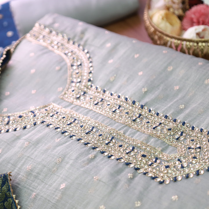 Avinya Chrome Grey Embellished Shimmer Tissue Chanderi Set