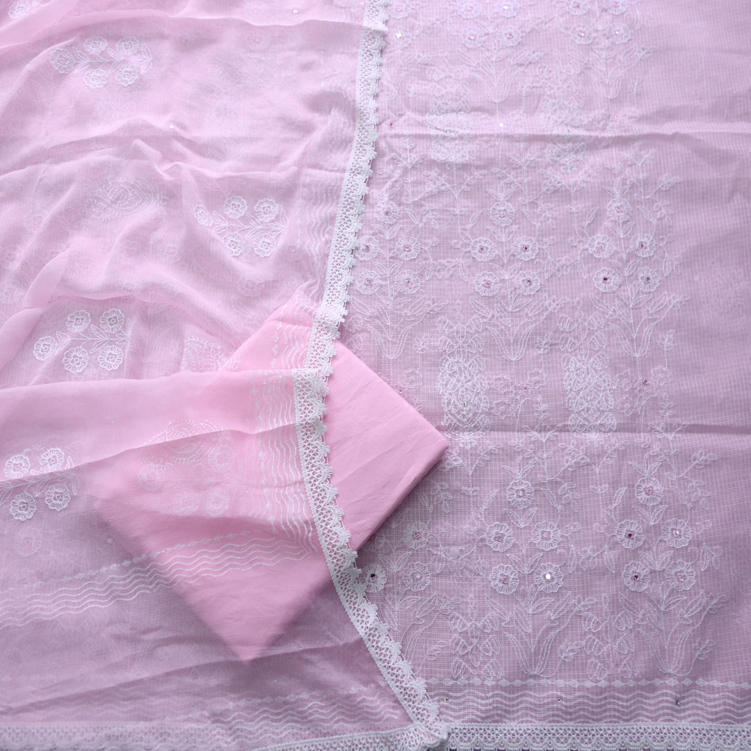 Roobi Flamingo Pink All Over Thread Work Kota Doriya Suit Set