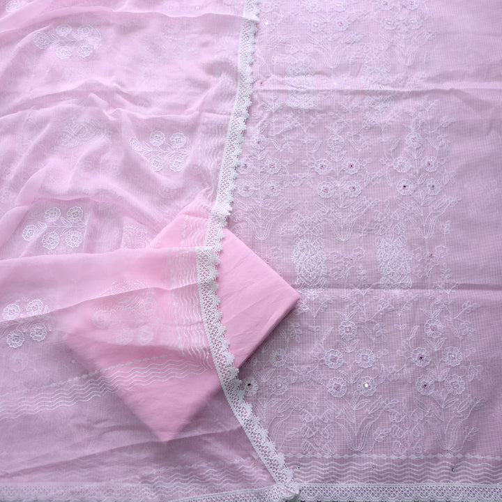 Roobi Flamingo Pink All Over Thread Work Kota Doriya Suit Set