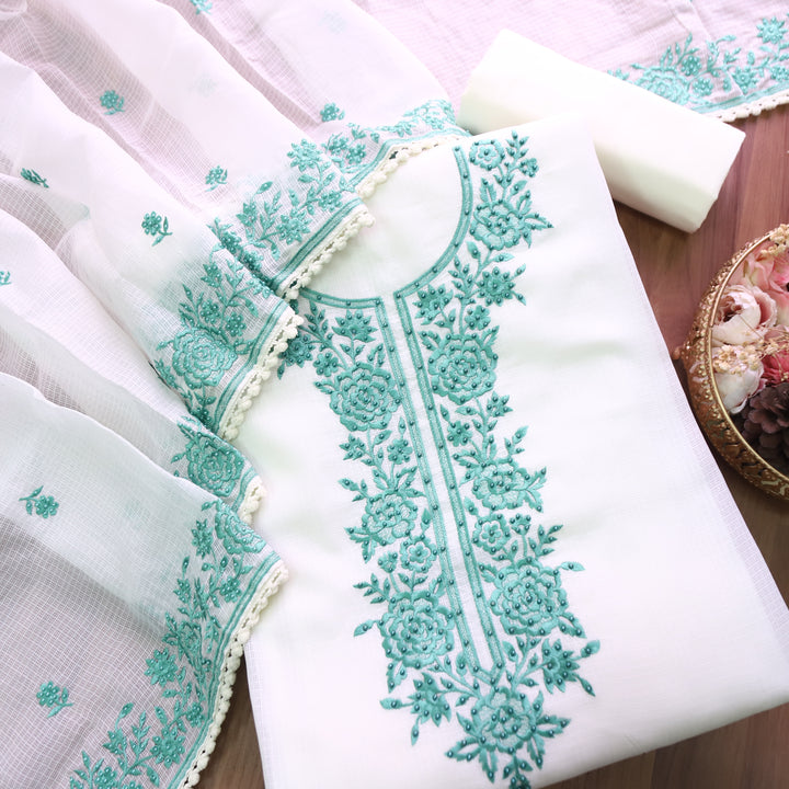 Hans Safed with Aqua Thread Embriodered Kota Doriya Set