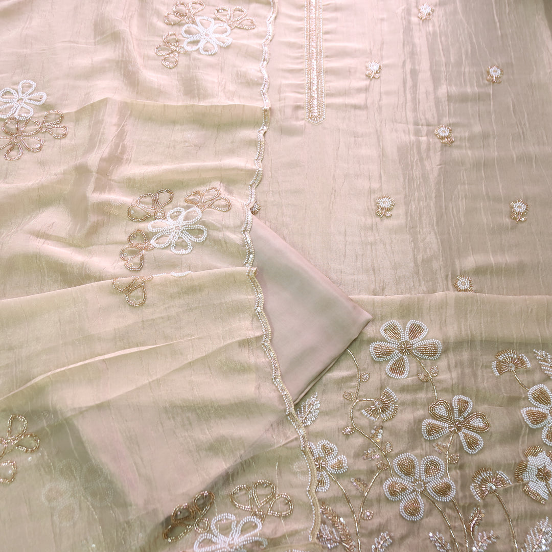 Mayuri Beige Moti Embellish Hem Crinkle Shimmer Tissue Set