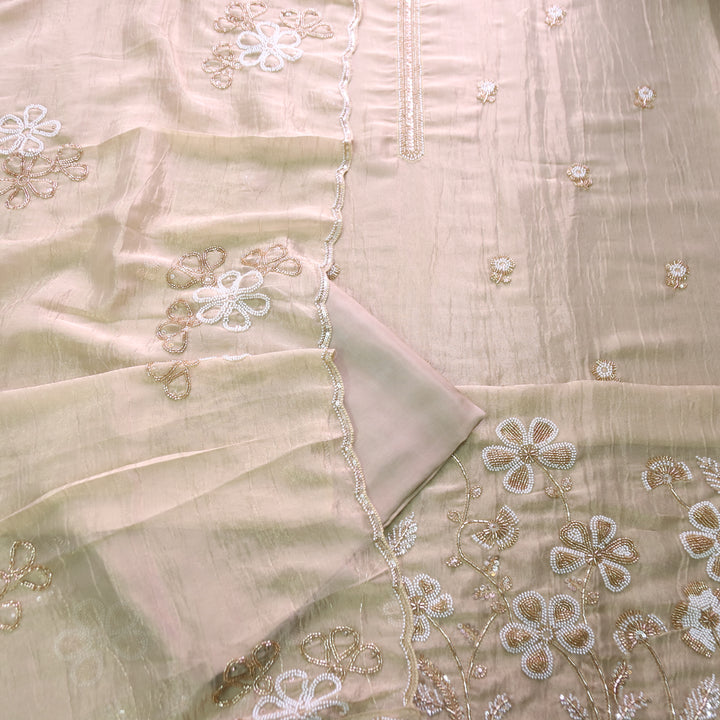 Mayuri Beige Moti Embellish Hem Crinkle Shimmer Tissue Set