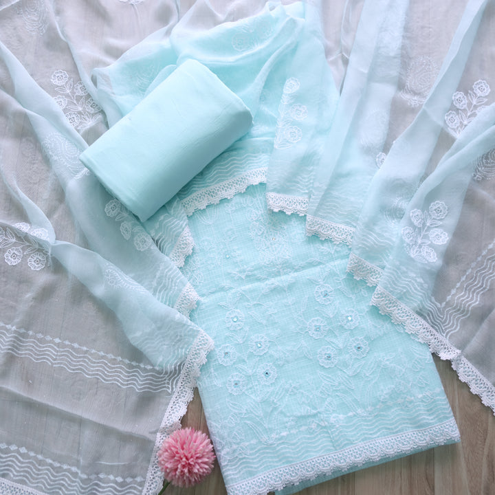 Roobi Sea Baby Blue All Over Thread Work Kota Doriya Suit Set