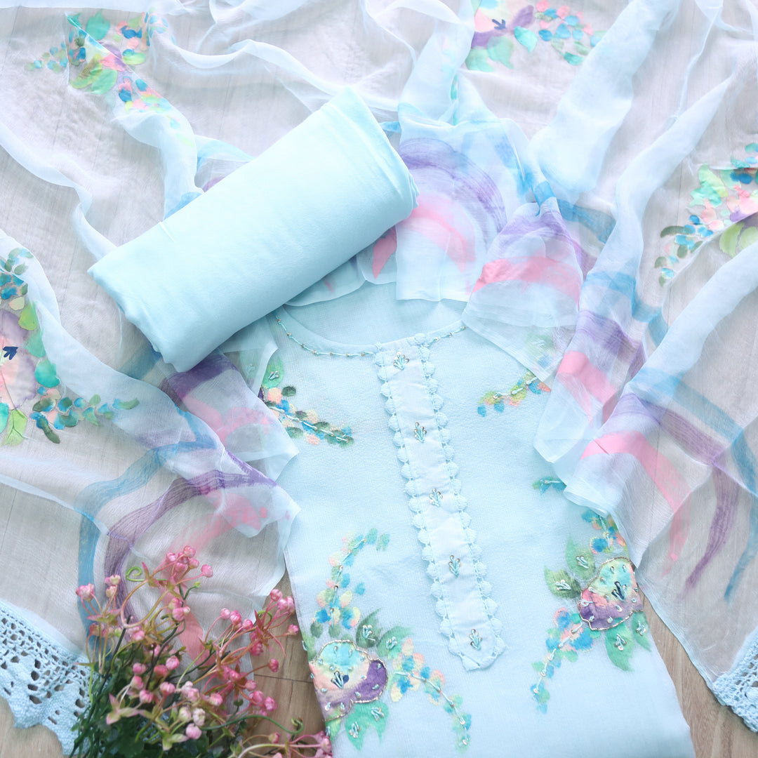 Roobi Sea Baby Blue Floral Printed with Lace Work Neck Kota Net Suit Set