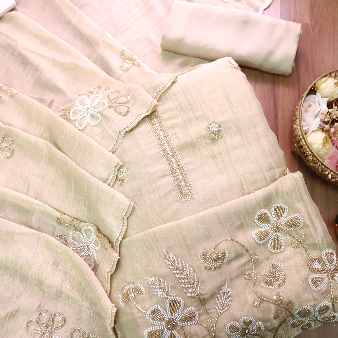 Mayuri Beige Moti Embellish Hem Crinkle Shimmer Tissue Set