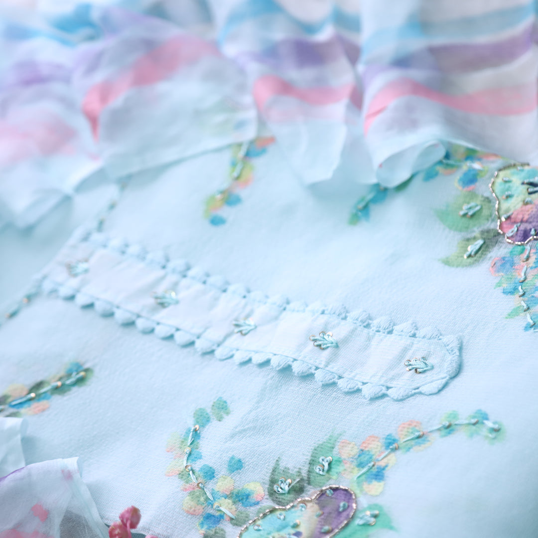 Roobi Sea Baby Blue Floral Printed with Lace Work Neck Kota Net Suit Set