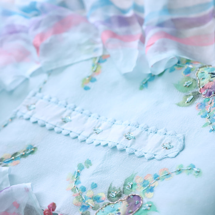 Roobi Sea Baby Blue Floral Printed with Lace Work Neck Kota Net Suit Set