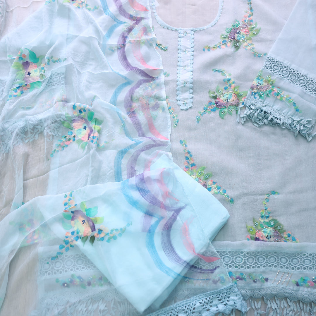 Roobi Sea Baby Blue Floral Printed with Lace Work Neck Kota Net Suit Set
