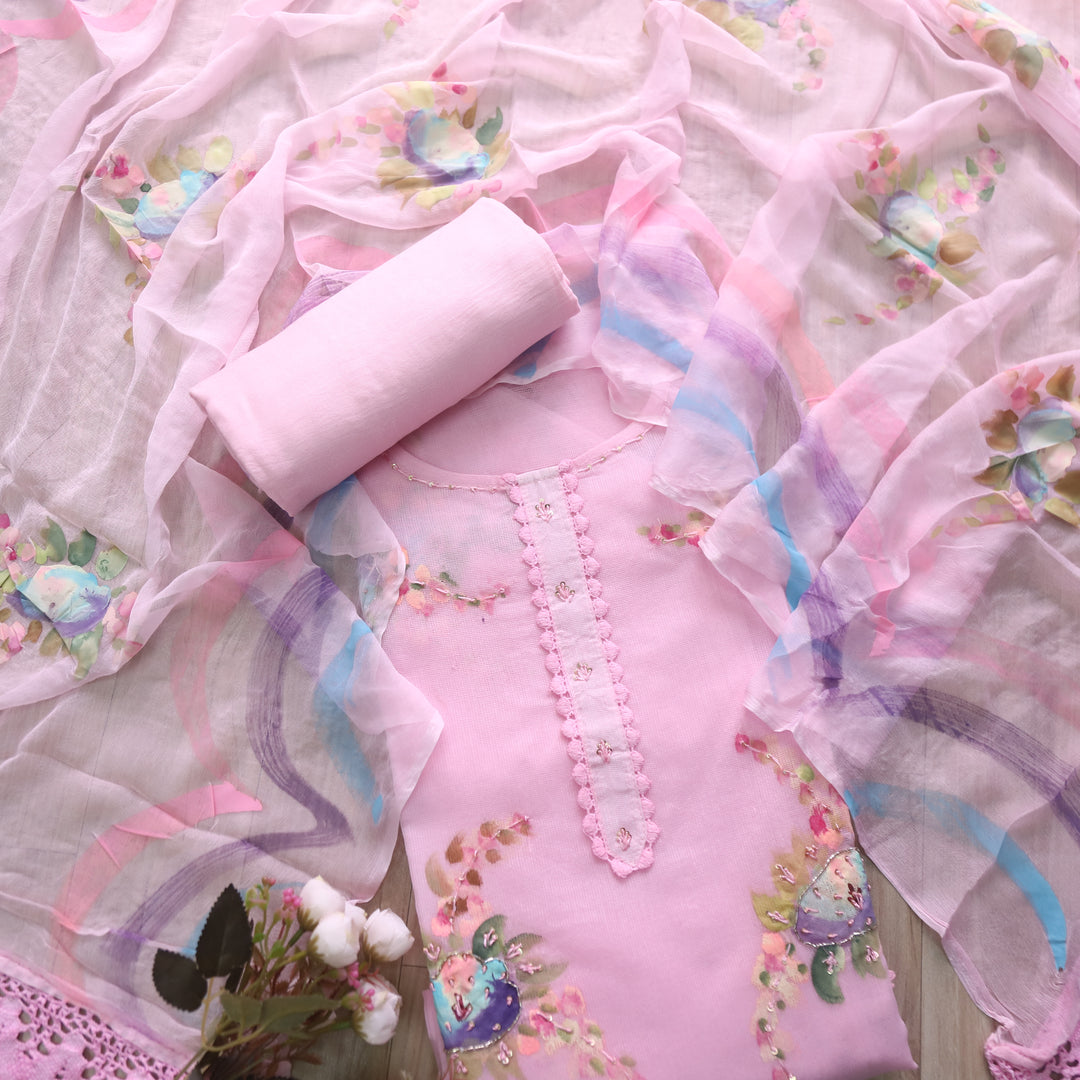 Roobi Baby Pink Floral Printed with Lace Work Neck Kota Net Suit Set