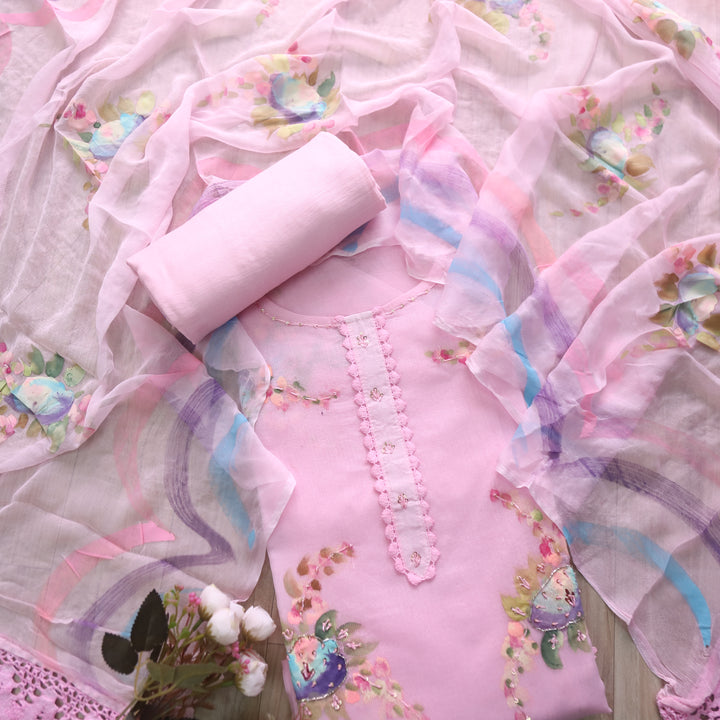 Roobi Baby Pink Floral Printed with Lace Work Neck Kota Net Suit Set