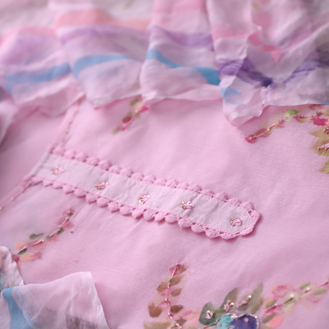 Roobi Baby Pink Floral Printed with Lace Work Neck Kota Net Suit Set