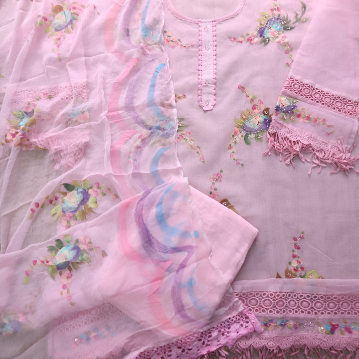 Roobi Baby Pink Floral Printed with Lace Work Neck Kota Net Suit Set