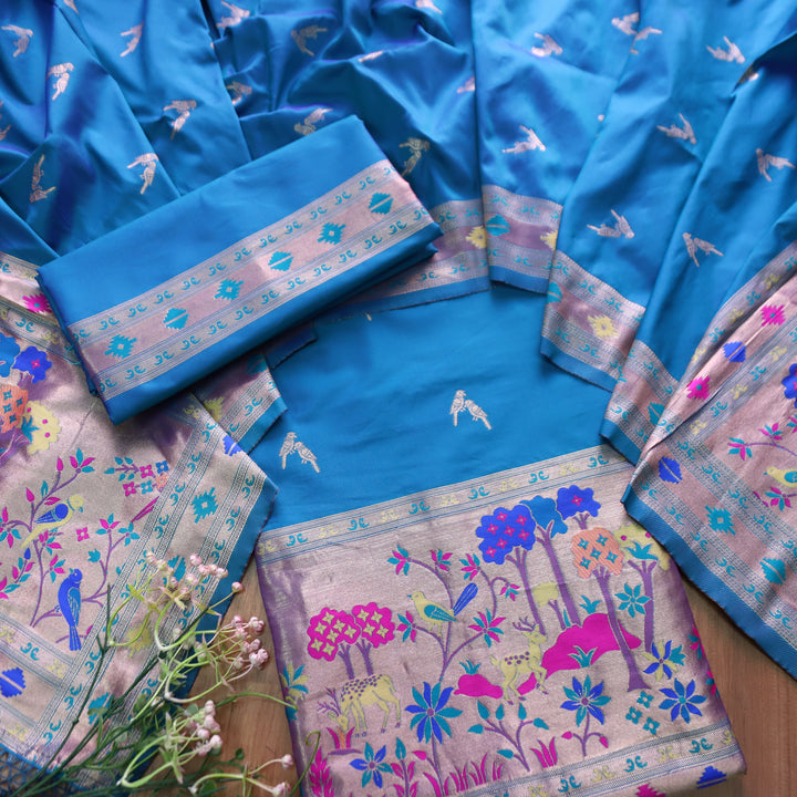 Dildaari Amber Blue Banarasi Jacquard Weaved Hemline Paithani Silk Set