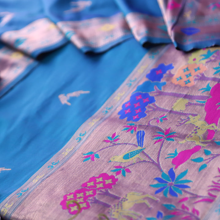 Dildaari Amber Blue Banarasi Jacquard Weaved Hemline Paithani Silk Set