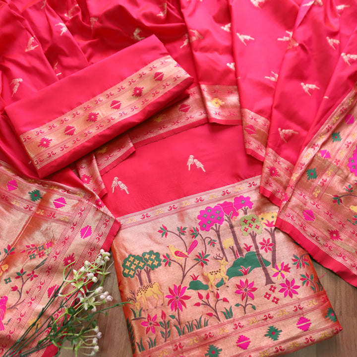 Dildaari Crimson Red Banarasi Jacquard Weaved Hemline Paithani Silk Set