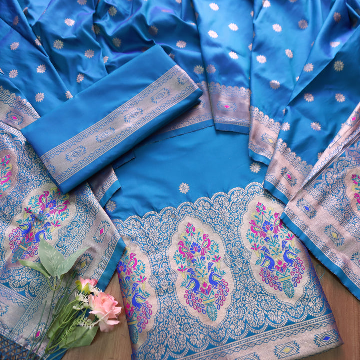Saarthi Amber Blue Banarasi Jacquard Weaved Hemline Paithani Silk Set